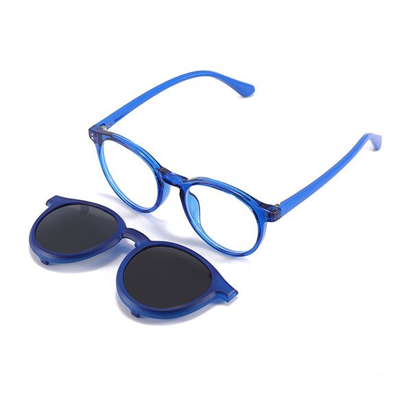 2-in-1 clip-on eyewear set with blue frames and black lens shields
