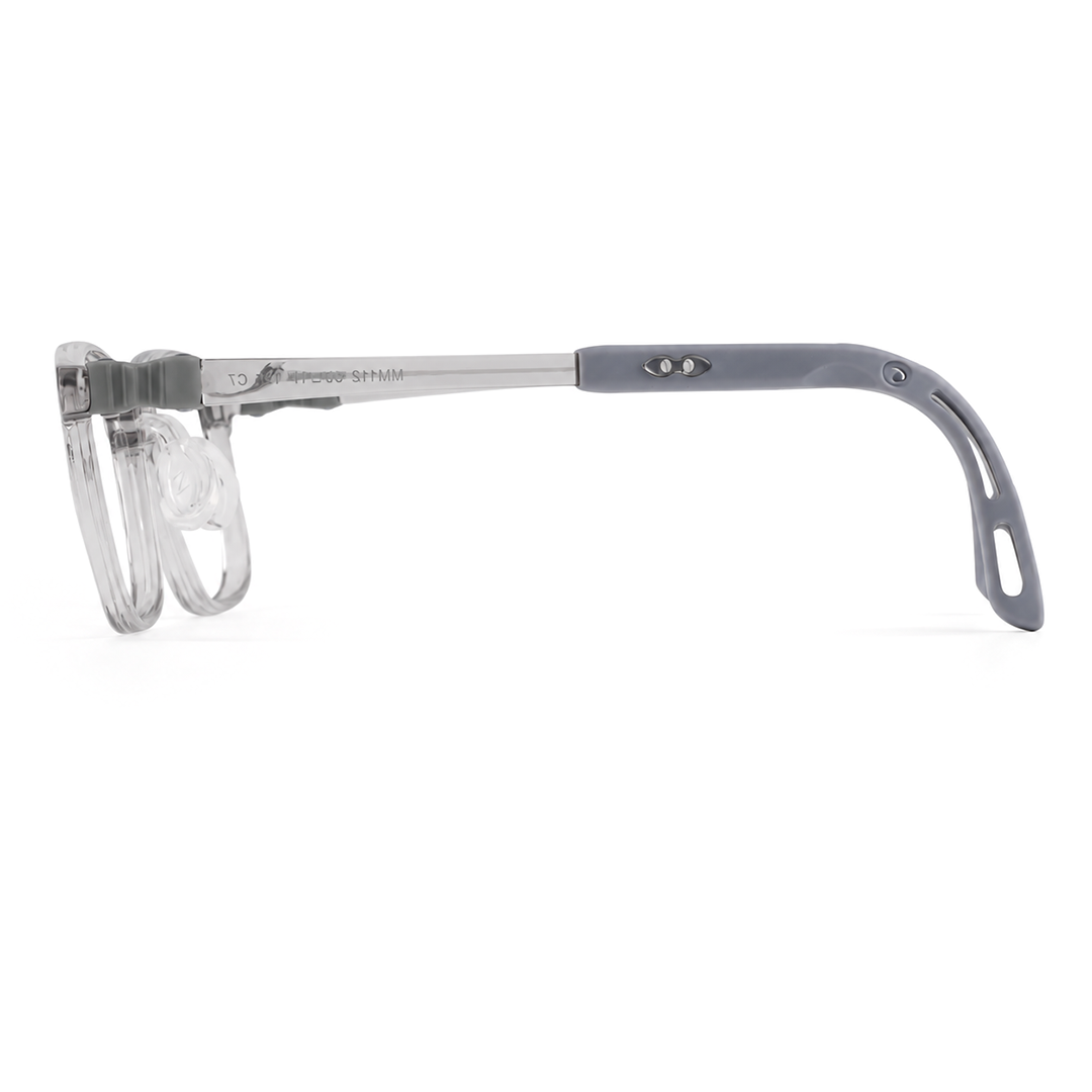 Leo eyeglasses side view, clear frame with gray temple and hinge detail