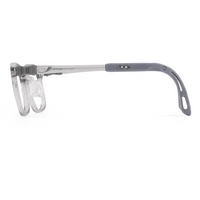 Leo eyeglasses side view, clear frame with gray temple and hinge detail