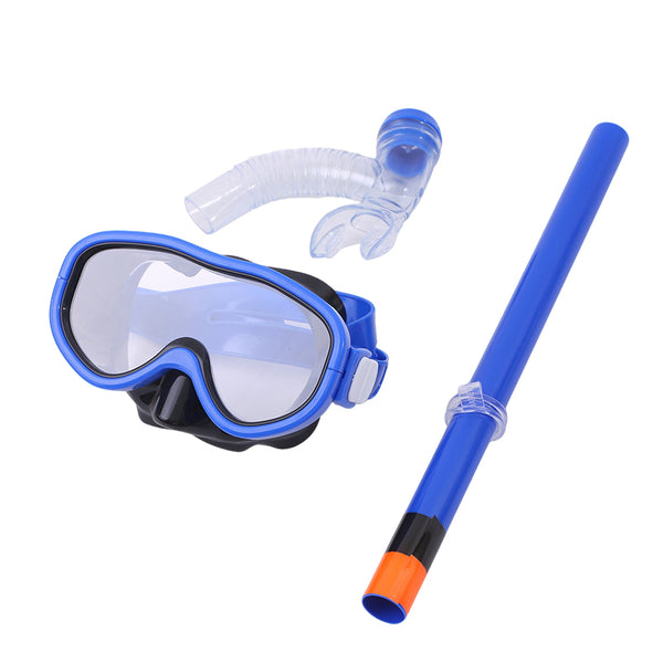 Swim goggles and snorkel set, blue frame goggles with clear lenses and blue snorkel tube