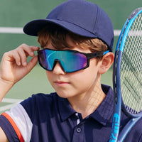 Kids blue mirrored goggles with navy cap and dark strap