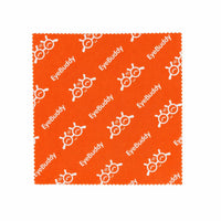 Orange cleaning cloth with EyeBuddy logo pattern, square folded