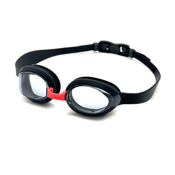 Swim goggles: black frame, red side accent