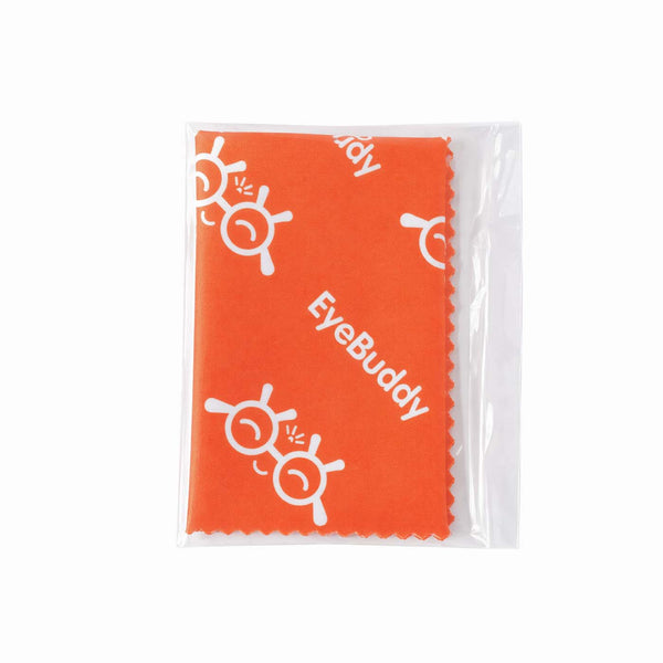 Orange cleaning cloth in clear plastic sleeve with EyeBuddy logo pattern