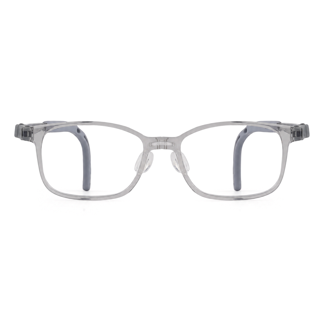Leo eyeglasses, clear square frames with gray nose bridge and temple tips