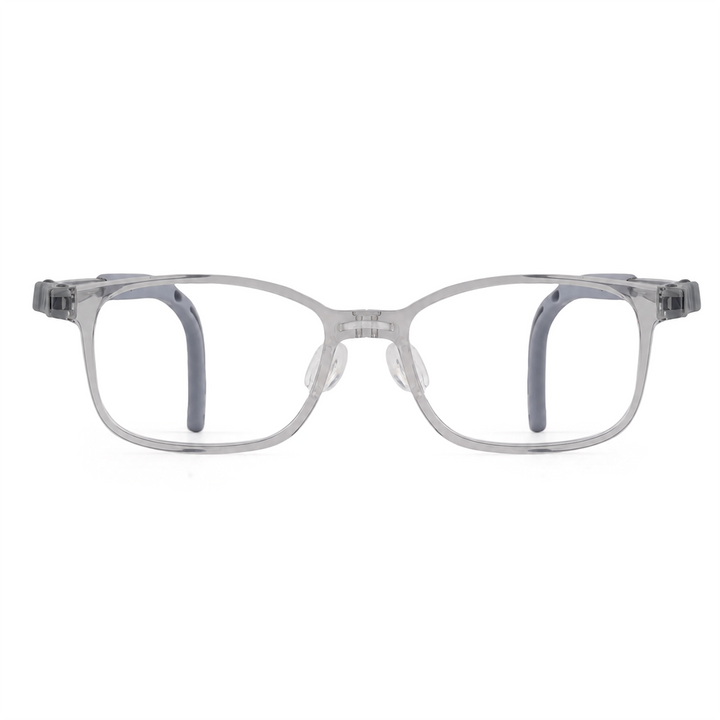 Leo eyeglasses, clear square frames with gray nose bridge and temple tips