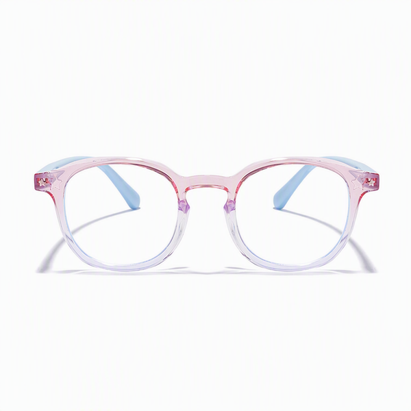 Pink round eyeglasses frame with star accents on temples