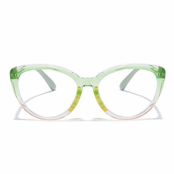 Green full-rim eyeglasses with clear lenses, front view.