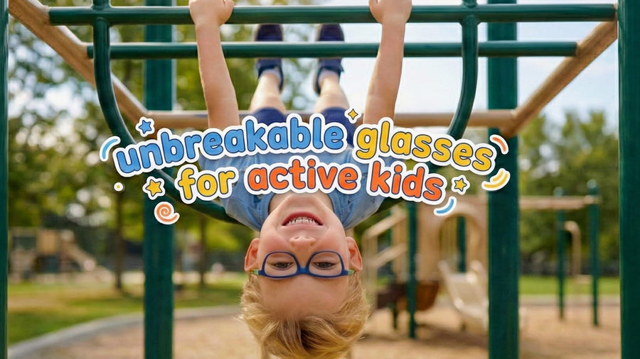 Child wearing 'unbreakable glasses for active kids' on a playground.