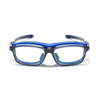 Blue and black safety glasses with clear lenses and wraparound frame.