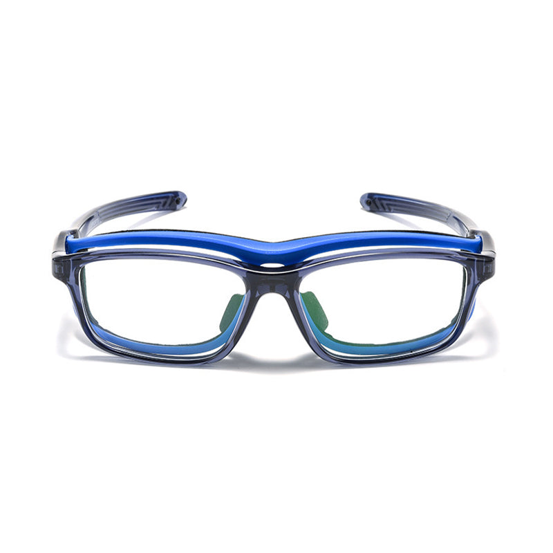 Blue and black safety glasses with clear lenses and wraparound frame.