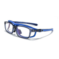 Blue and black safety glasses in side view with clear lenses and extended temple.