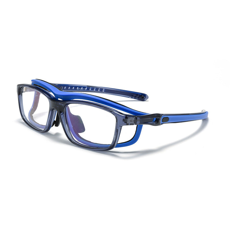 Blue and black safety glasses in side view with clear lenses and extended temple.