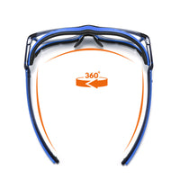 Blue safety glasses showing 360° wraparound coverage with clear lenses.