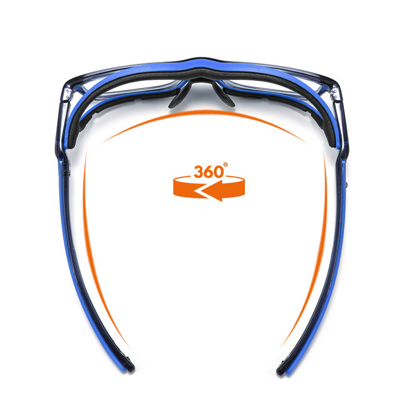 Blue safety glasses showing 360° wraparound coverage with clear lenses.