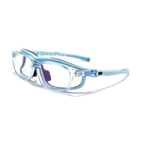 Clear blue safety glasses shown from the side with clear lenses and slim frame.