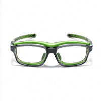 Green and black safety glasses with clear lenses and glossy wraparound frame.