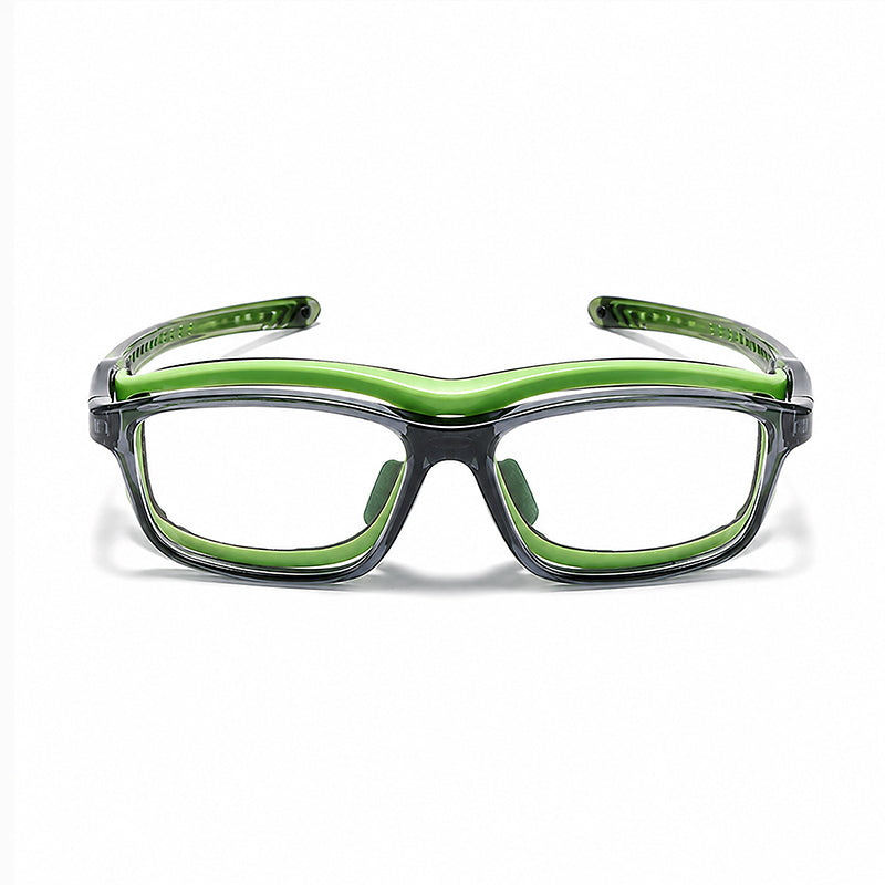 Green and black safety glasses with clear lenses and glossy wraparound frame.