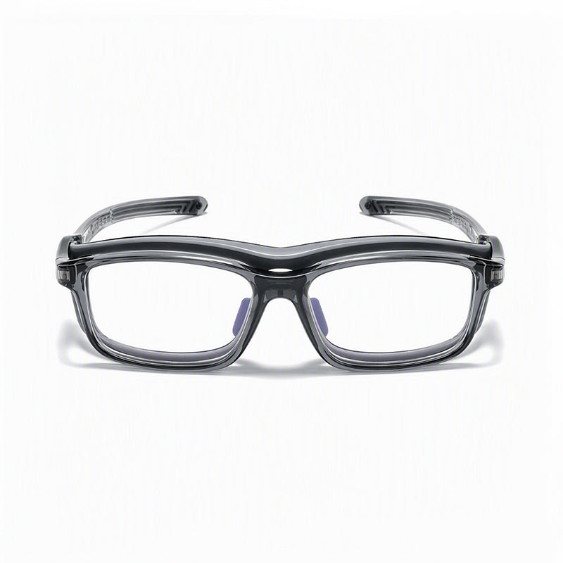 Black and clear safety glasses with white-tinted lenses and wraparound frame.