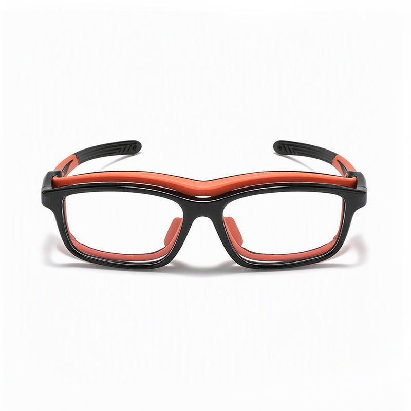 Orange and black safety glasses with clear lenses and wraparound frame.