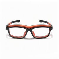 Orange and black safety glasses with clear lenses and wraparound frame.