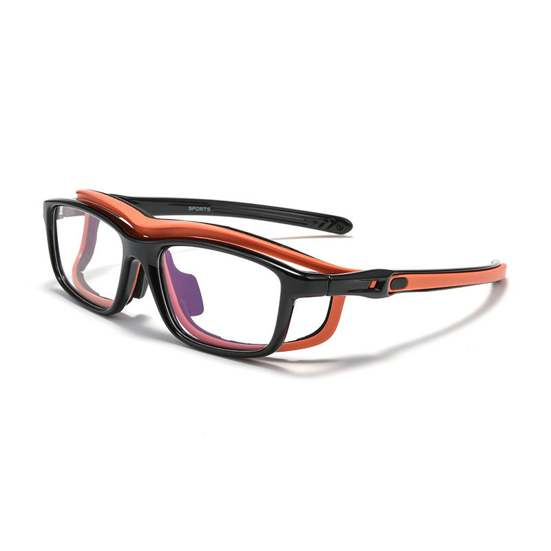 Sport sunglasses frame, black with orange temples and purple-tinted lenses