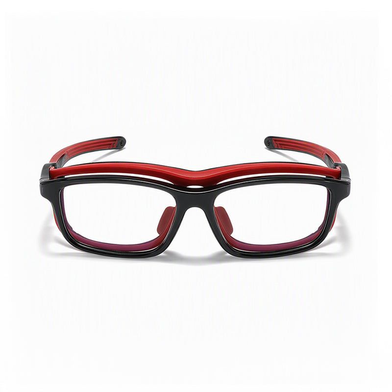 Sport sunglasses frame, black with red front and dark lenses