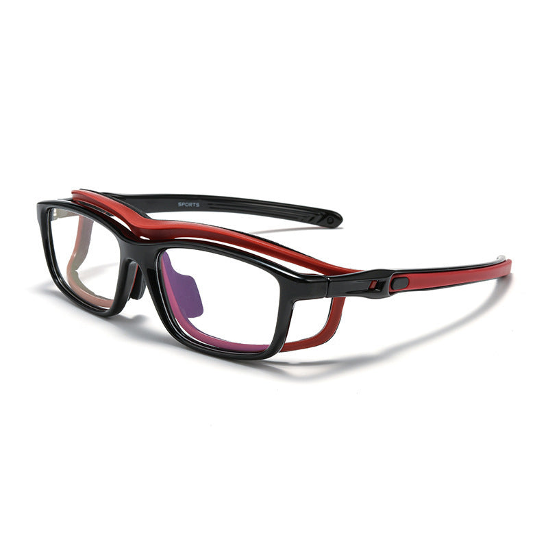 Sport sunglasses frame, black with red-orange temples and purple-tinted lenses