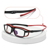 Sport sunglasses, black frame with red-orange temples and side temple detail