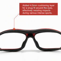 Sport sunglasses close-up, black frame with red-orange temple hinge and brow bar