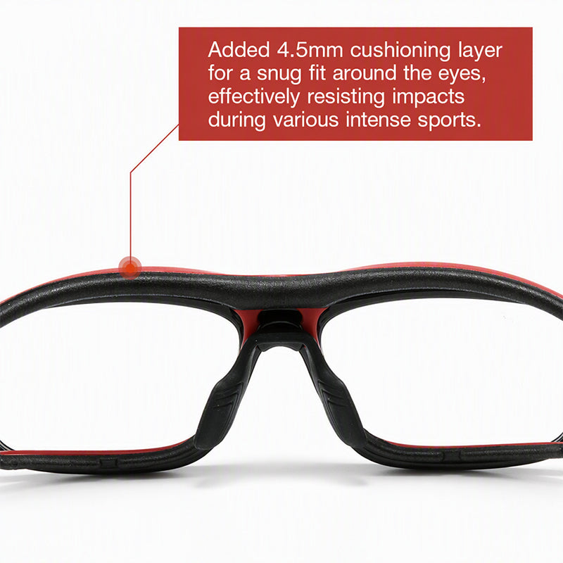Sport sunglasses close-up, black frame with red-orange temple hinge and brow bar