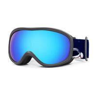 Black ski goggles with blue mirrored lens and dark blue strap