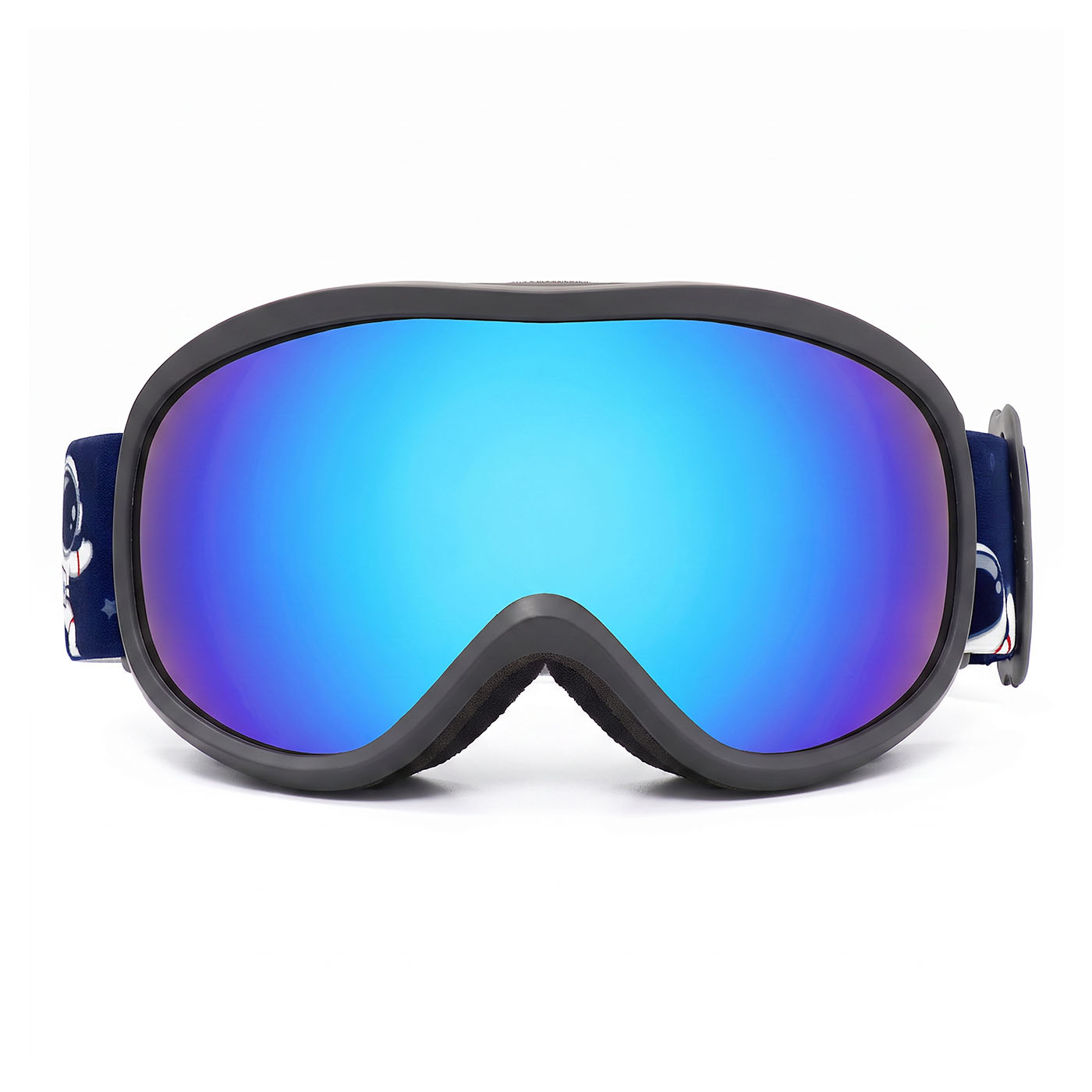 Black ski goggles with blue mirrored lens, side view with dark blue strap