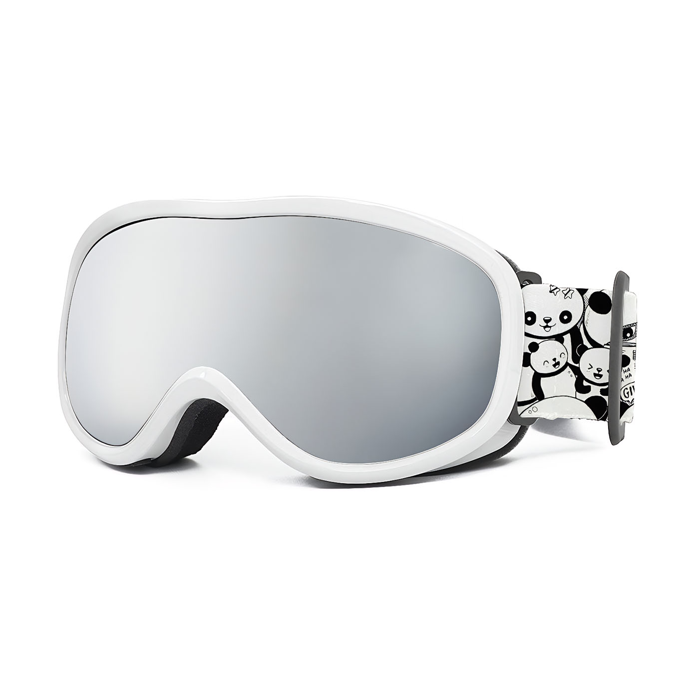 White ski goggles with gray mirror lens and panda-print strap