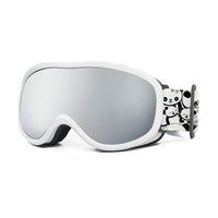 White ski goggles with gray mirror lens and panda-print strap