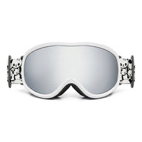 White ski goggles with gray mirror lens and panda-print side straps