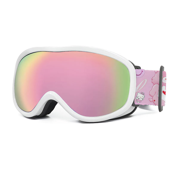 White ski goggles with iridescent lens and pink character-print strap