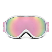 White ski goggles with iridescent lens and pink character-print strap, front view
