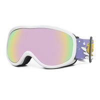 White ski goggles with iridescent lens and purple character-print strap