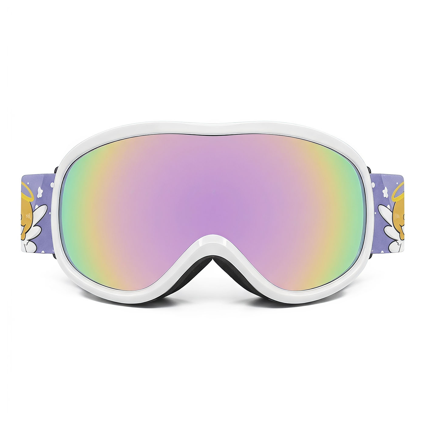 White ski goggles with iridescent lens and purple character-print side straps