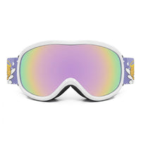 White ski goggles with iridescent lens and purple character-print side straps