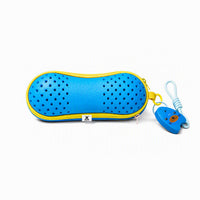 Blue swim pouch with zipper and blue duck keychain charm attached
