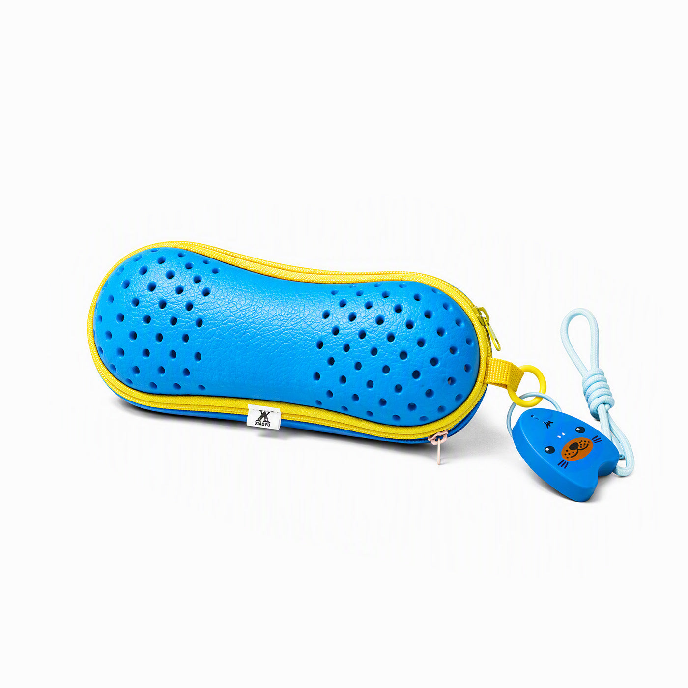 Blue swim pouch with perforated texture, zipper, and attached duck keychain charm