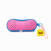Pink swim pouch with perforated texture, zipper, and yellow duck keychain charm