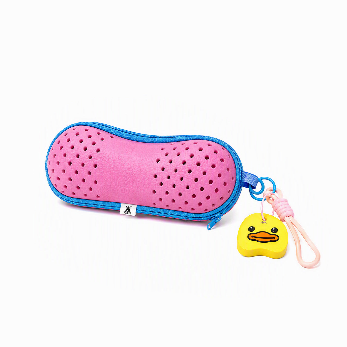 Pink swim pouch with zipper and yellow duck keychain charm, side angle view