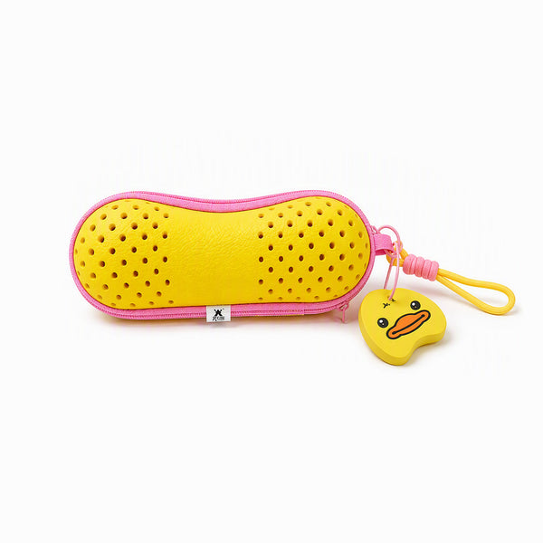 Yellow swim pouch with pink trim, zipper, and yellow duck keychain charm