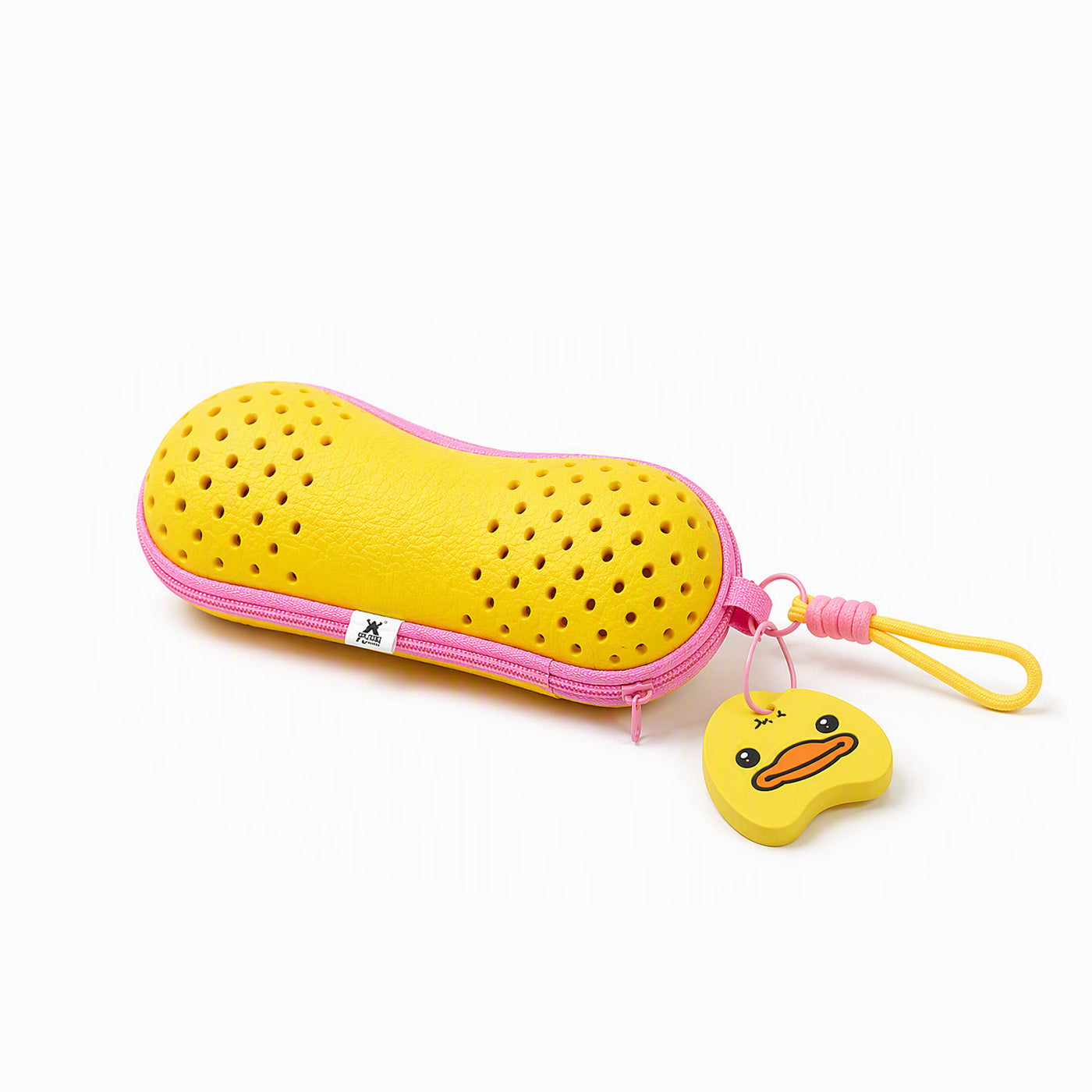 Yellow swim pouch with perforated texture, zipper, and duck keychain charm