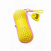 Yellow swim pouch with pink edging and attached duck keychain charm