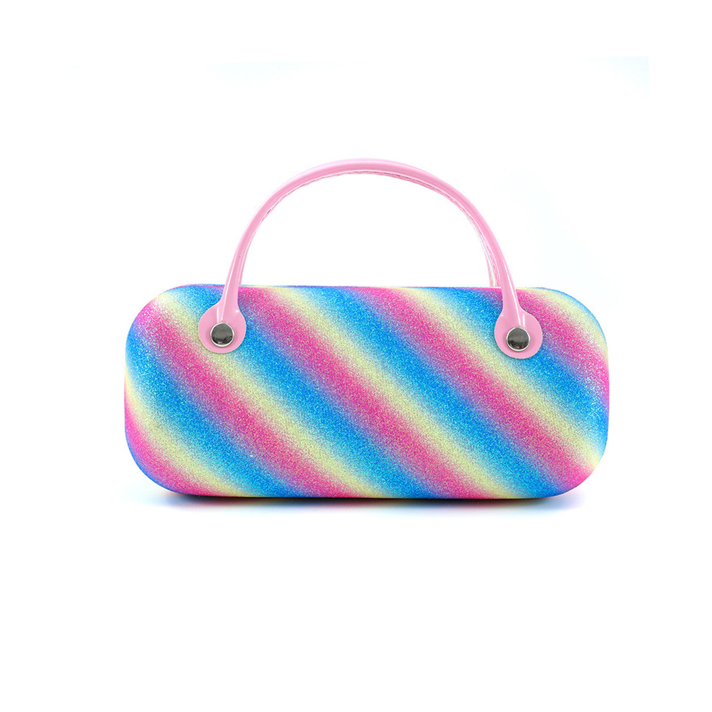Pink-and-blue iridescent carry pouch with two side grommet handles