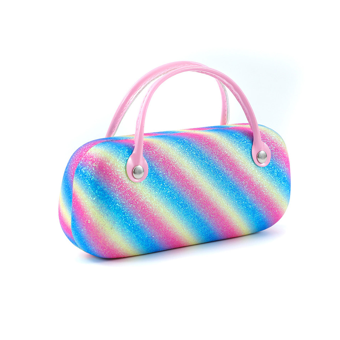 Rainbow iridescent carry pouch with two pink handles and round metal grommets